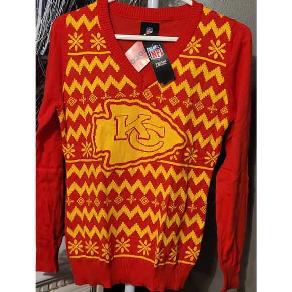 NFL Kansas City Chiefs V Neck Ugly Knit Sweater - Adult Small NEW Team Apparrel - Picture 1 of 5